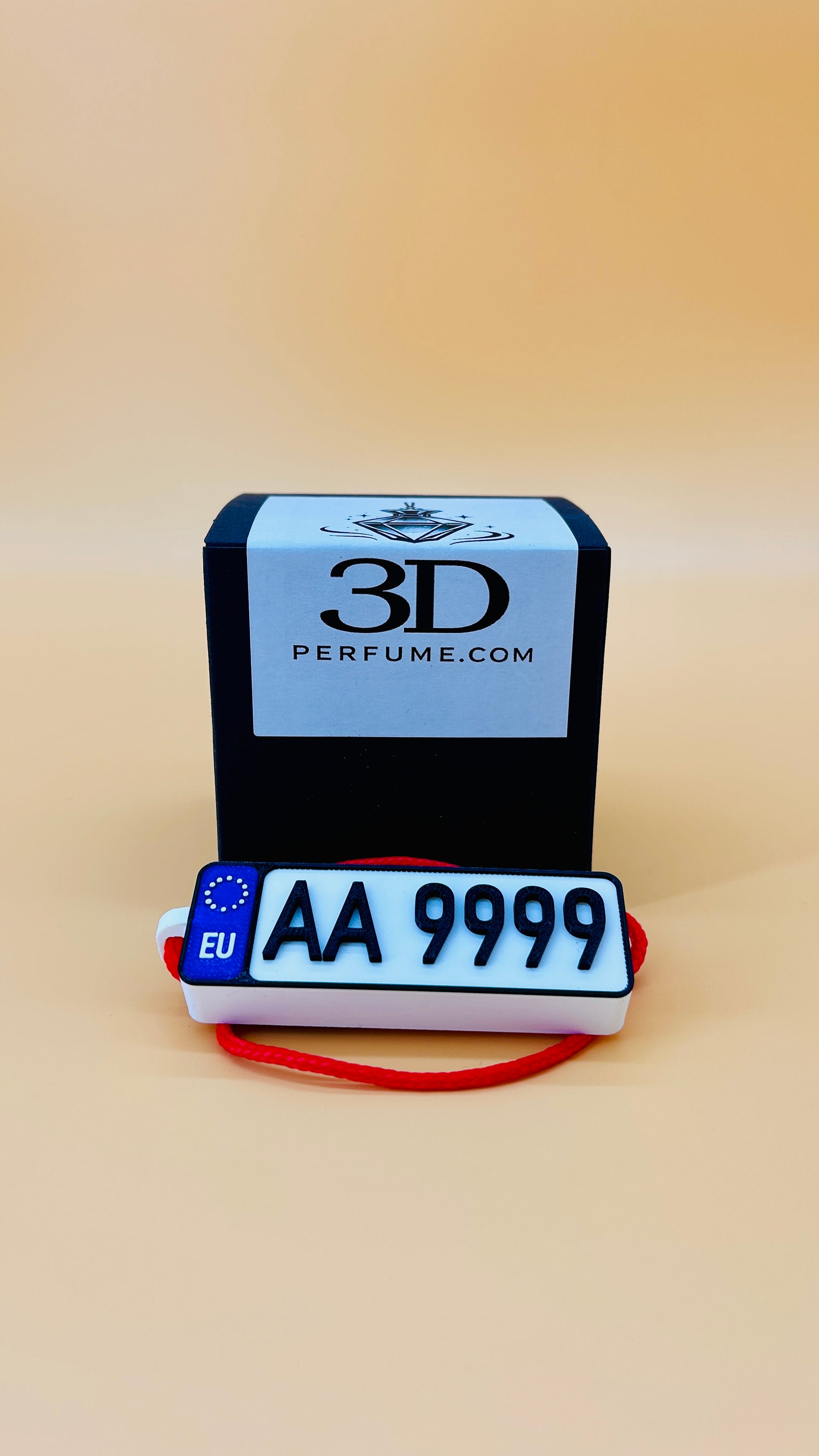 3D perfume bottle with license plate design on a beige background