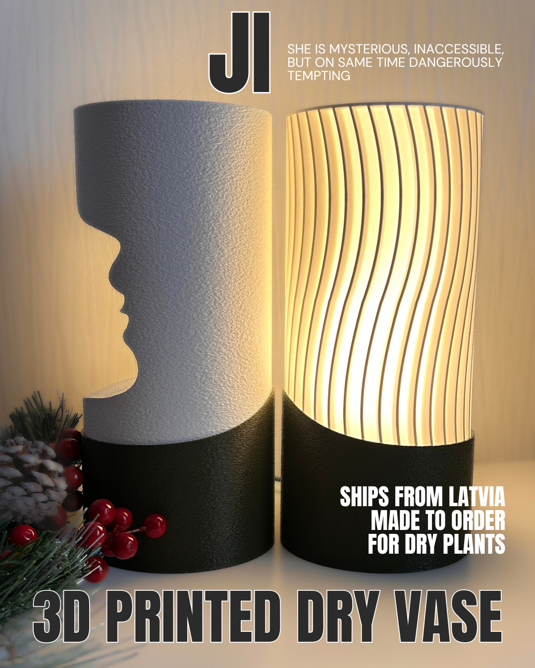 Two 3D printed dry vases with text about shipping from Latvia and product details.
