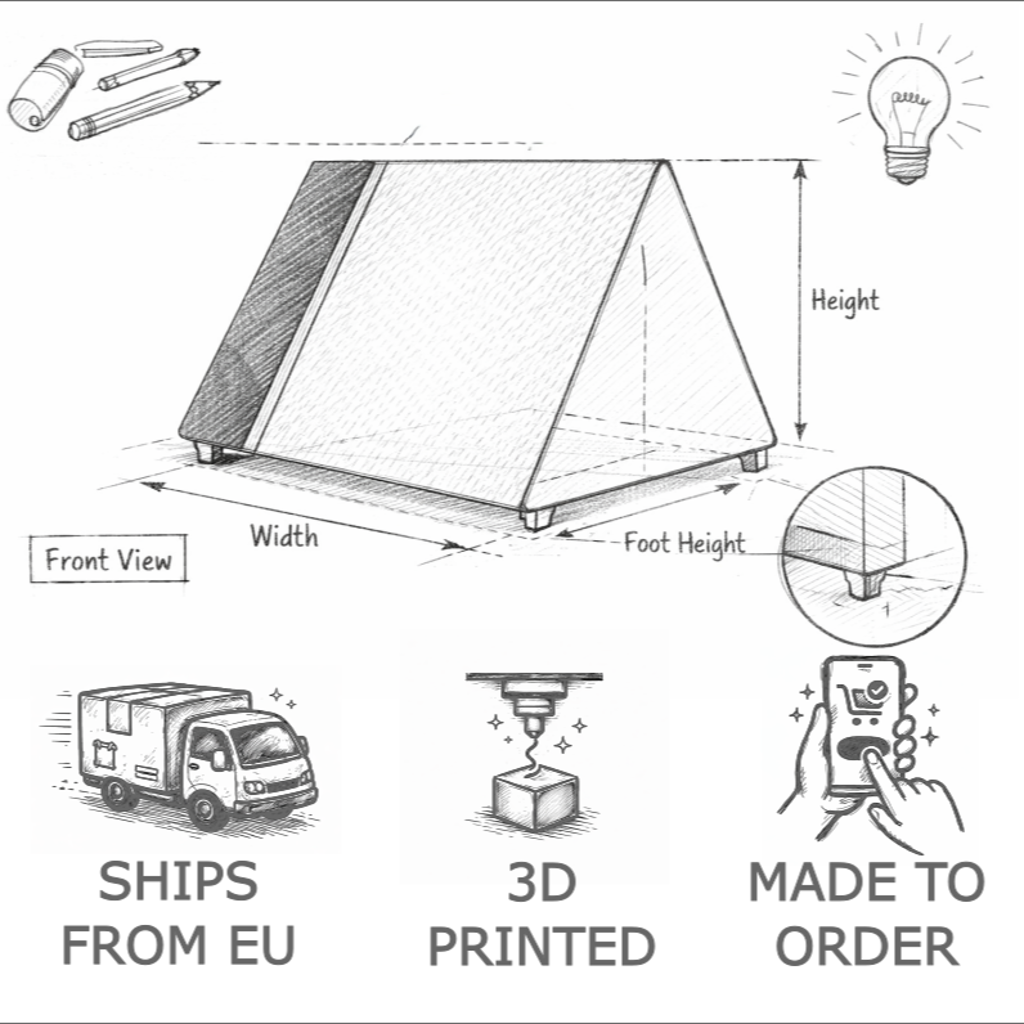 Diagram of a product with labeled dimensions, shipping, 3D printing, and customization features.