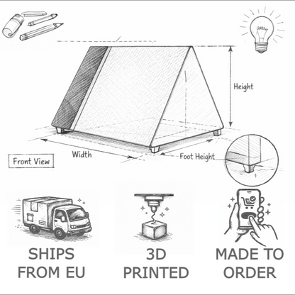 Diagram of a product with labeled dimensions, shipping, 3D printing, and customization features.