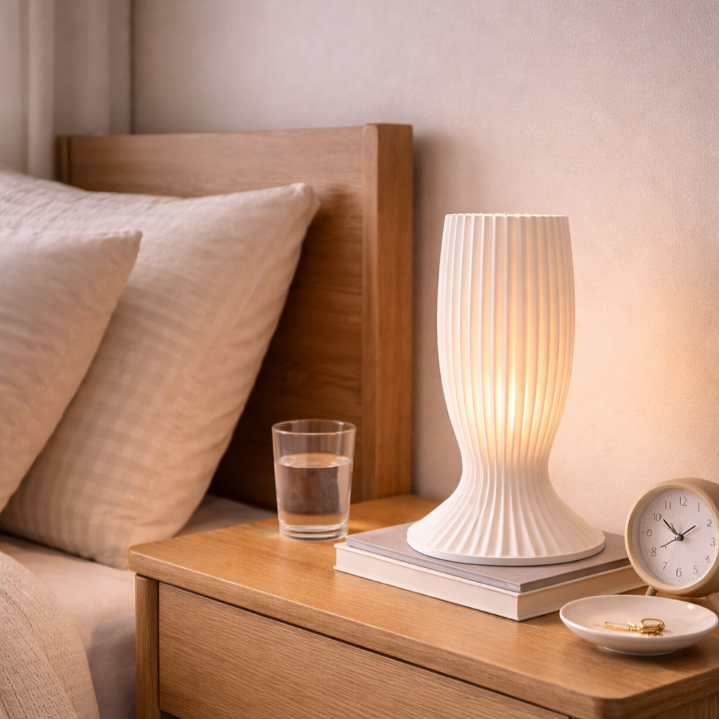White textured table lamp on a wooden nightstand with a glass of water and clock in a bedroom setting.
