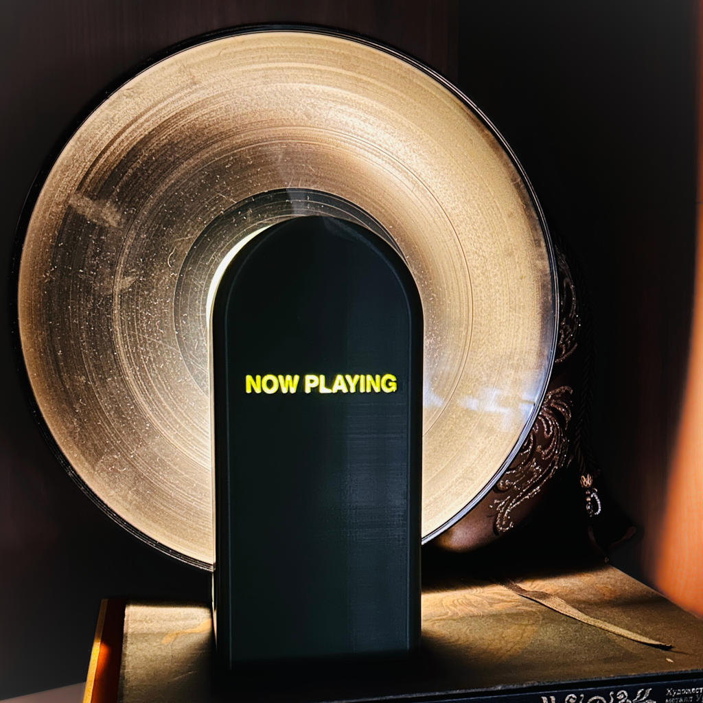 Vinyl record with a 'Now Playing' label in front of it